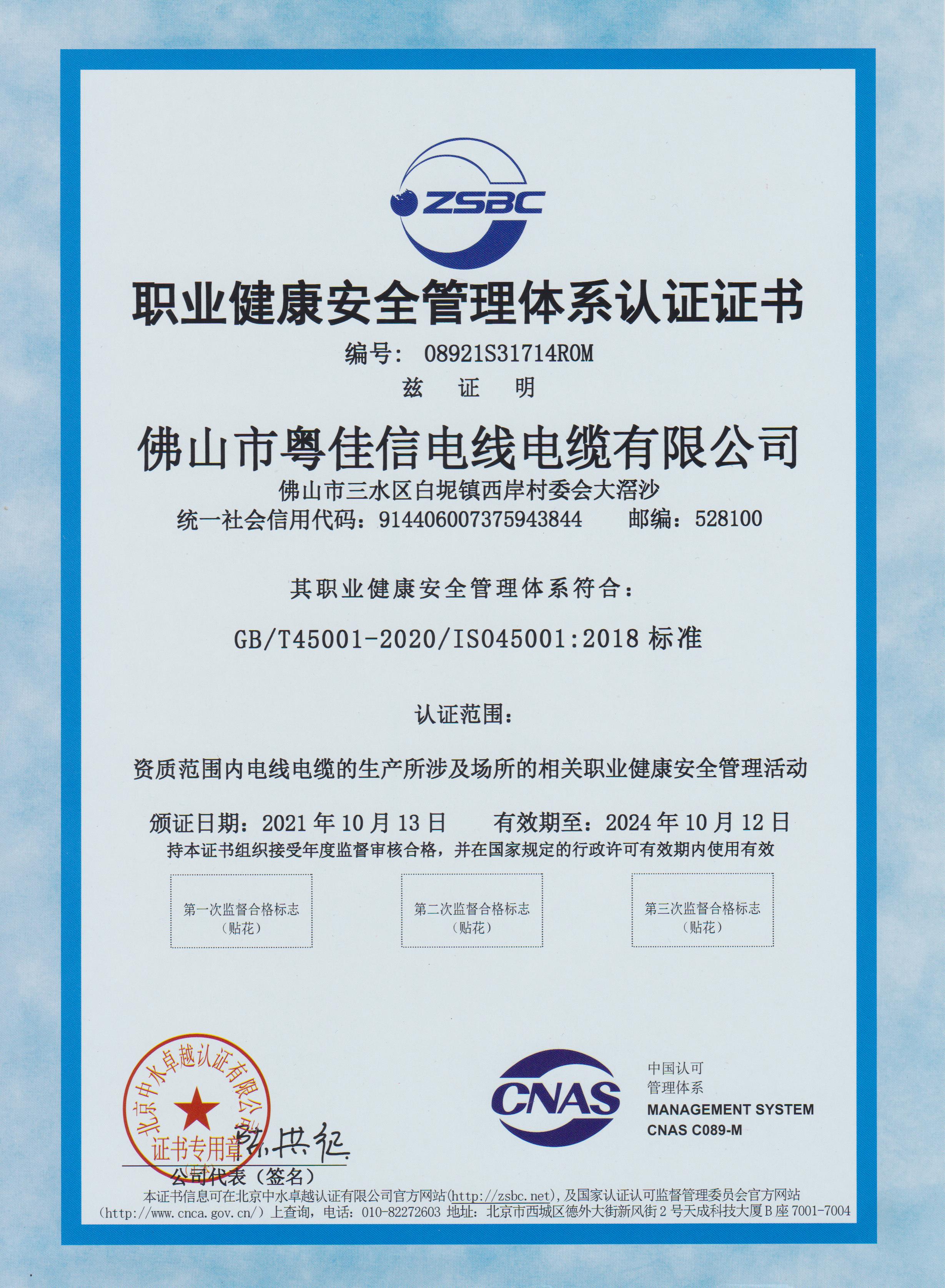 職業(yè)健康安全管理體系認(rèn)證證書